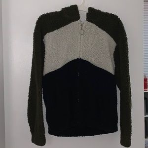 Black/Olive/White Fuzzy Zip Up Hooded Jacket.
